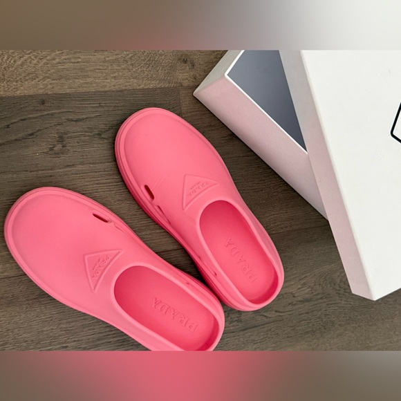 Prada Shoes - Prada Bubblegum Pink Rubber Clog Mules